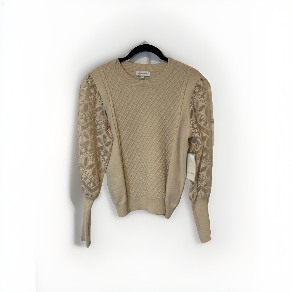 Calligraphie Diamond Cable Knit Sweater Womens L Beige Lace Puff Sleeve
